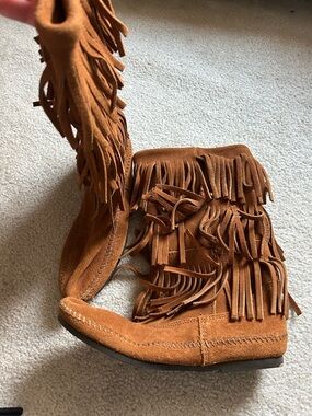 Minnetonka Tan Suede Fringe Lace-Up Ankle Boots